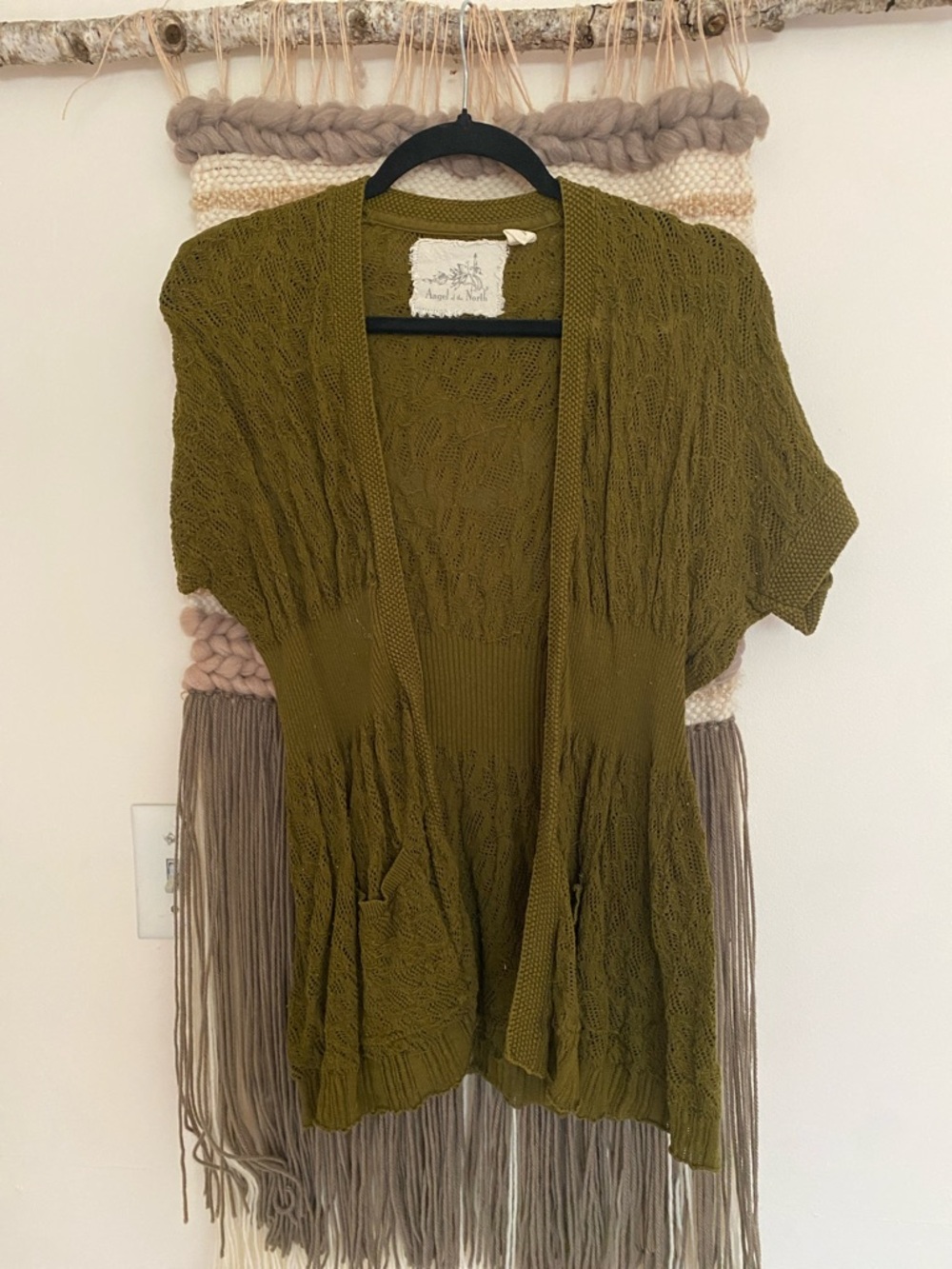 Anthropologie Olive Green Short-Sleeve Open Knit Cardigan
